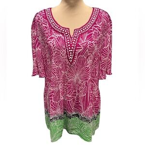 Catherines Beaded Crinkle TunicFlutter Sleeve Blouse Women’s Plus Petite Sz 2XWP